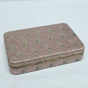Vintage Pink Peacock Feather Compact Travel Jewelry Trinket Box MCM Retro